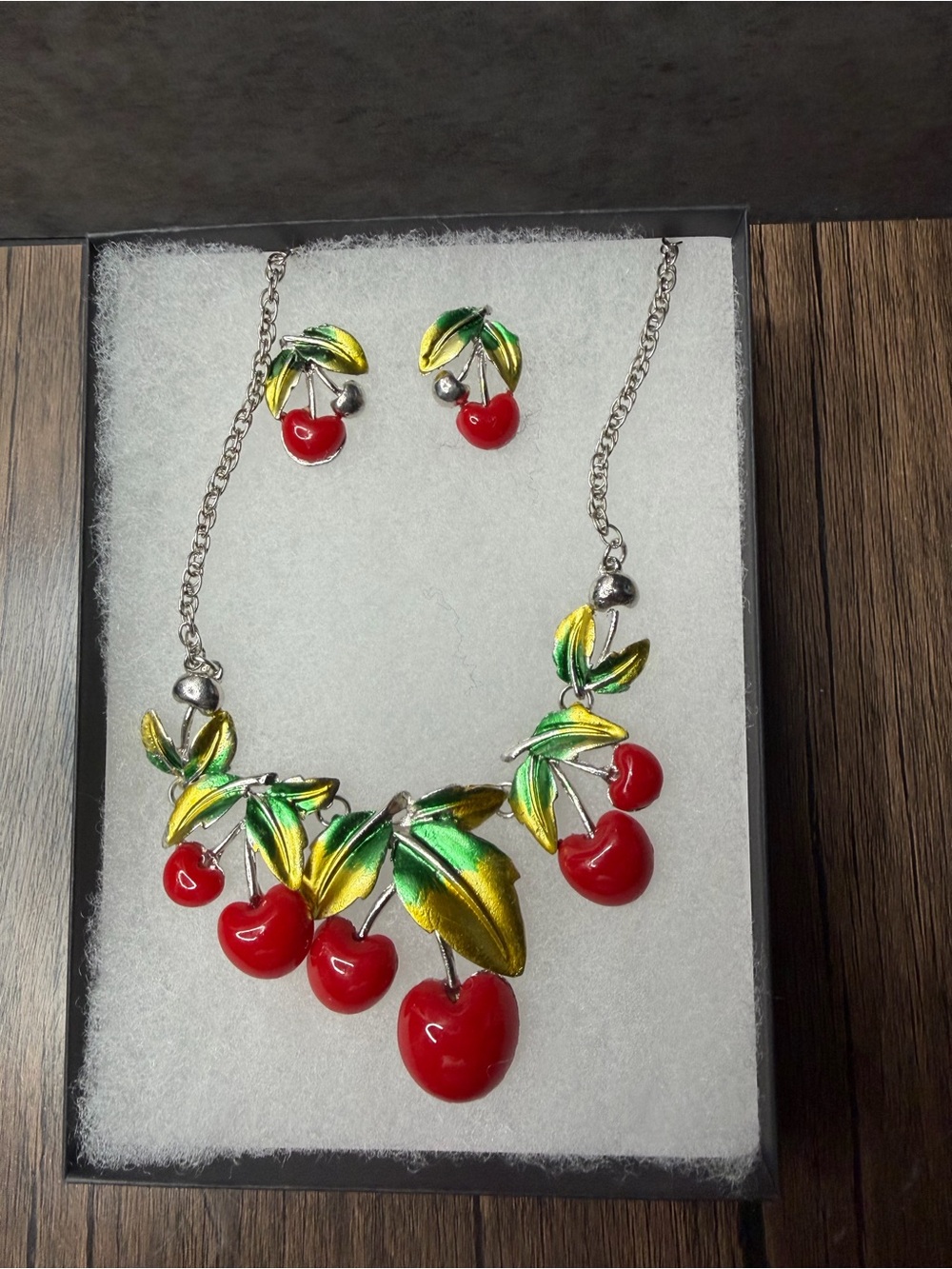 Cherry Dangle Necklace and Earring Set - Red and Green